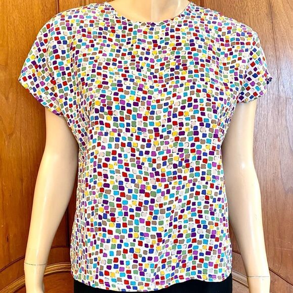 Vintage Blouse Flowy Top Colorful Confetti Shirt Size Small - Picture 1 of 10